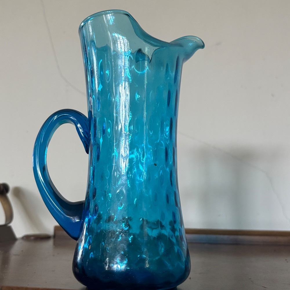 Vintage Hand Blown Turquoise Blue Glass Pitcher Thumbprint Optic MCM 8.5" - Picture 2 of 3